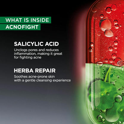 Acnofight product with salicylic acid and herba repair ingredients on a black background