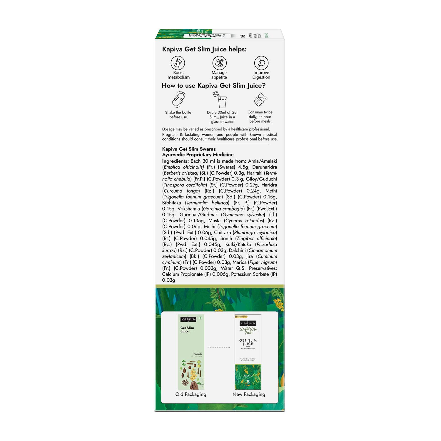 Kapiva Gel Slim juice packaging with usage instructions and product details on a white background