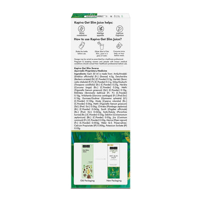 Kapiva Gel Slim juice packaging with usage instructions and product details on a white background