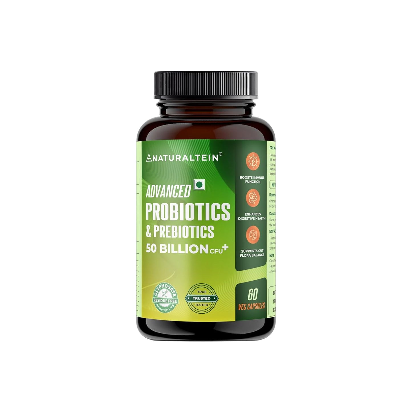 NATURALTEIN Advanced Probiotics & Prebiotics – 50 Billion CFU | 60 Veg Capsules | Supports Gut Flora Balance, Digestion, Immunity & Nutrient Absorption | 9 Strain Probiotic Formula