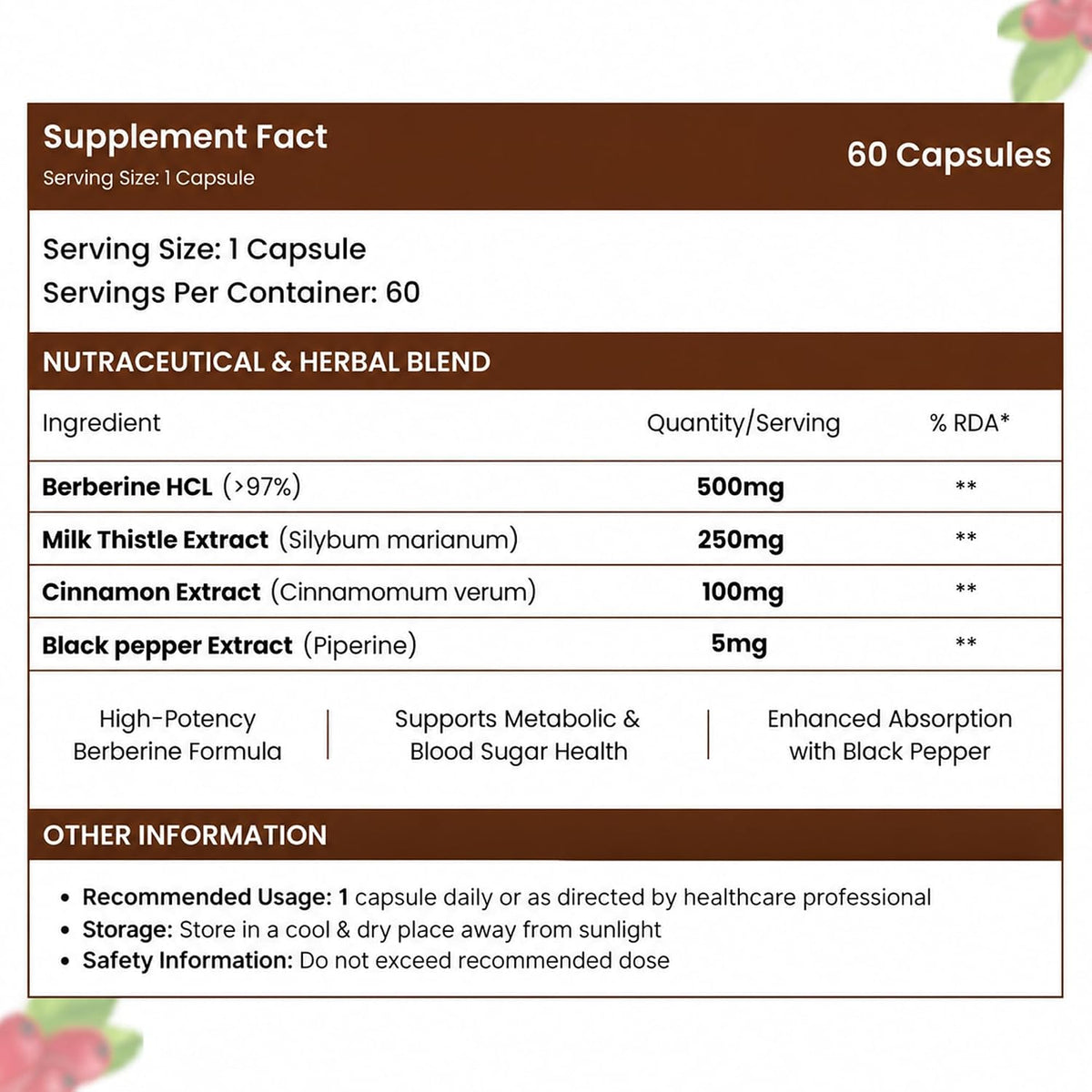 Berberine Capsules Supports Blood Sugar, Heart Health, Cholesterol Management, PCOS/PCOD | Berberine Supplement For Blood Sugar Control, Weight Management - 95% Pure Extract