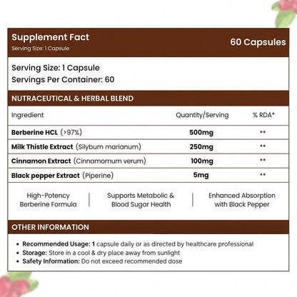 Berberine Capsules Supports Blood Sugar, Heart Health, Cholesterol Management, PCOS/PCOD | Berberine Supplement For Blood Sugar Control, Weight Management - 95% Pure Extract