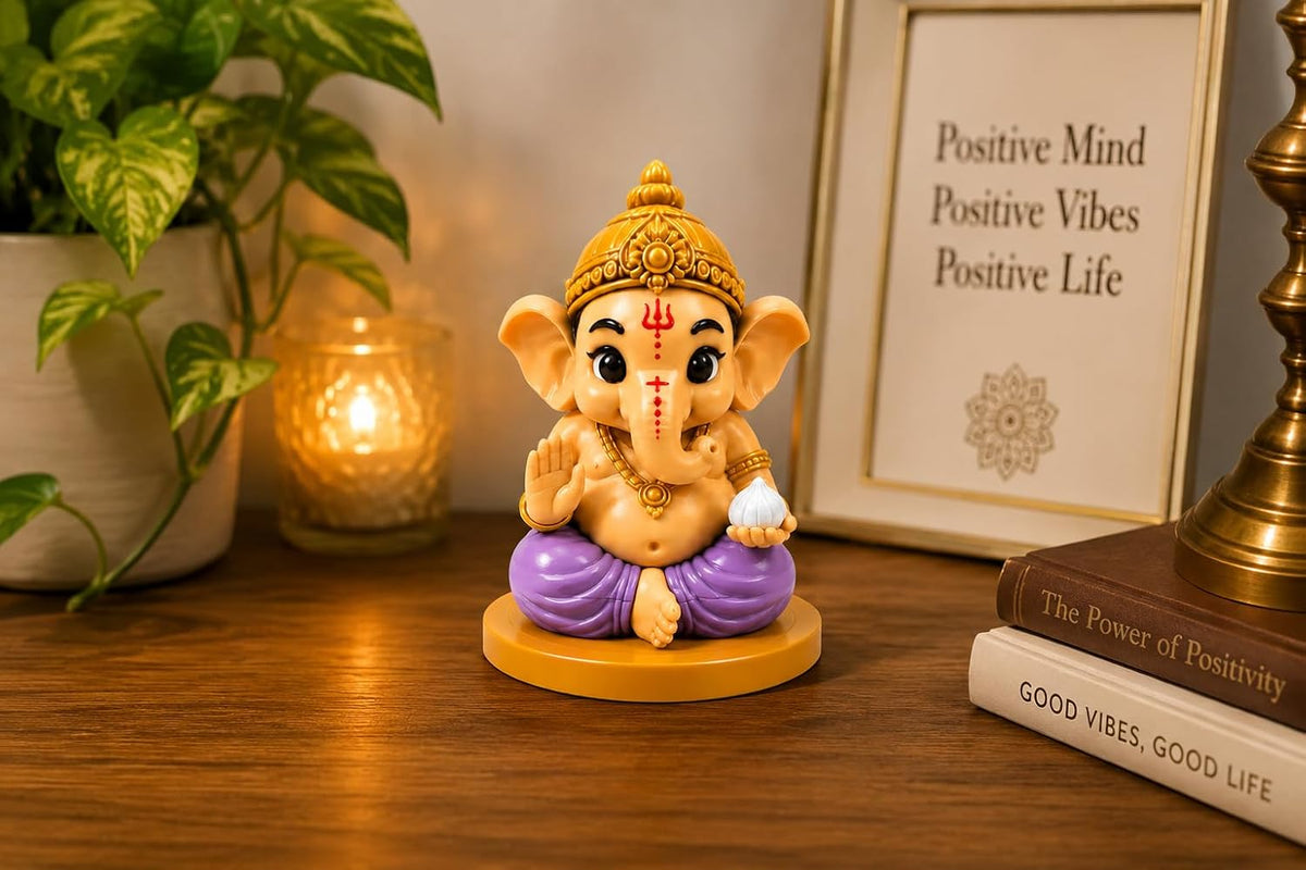 VASPAR Cute Baby Ganesha Idol for Car Dashboard | Premium Lord Ganesh Murti | Mini Ganpati Statue for Home Decor, Office Desk & Pooja Room | Spiritual Gift | Lavender