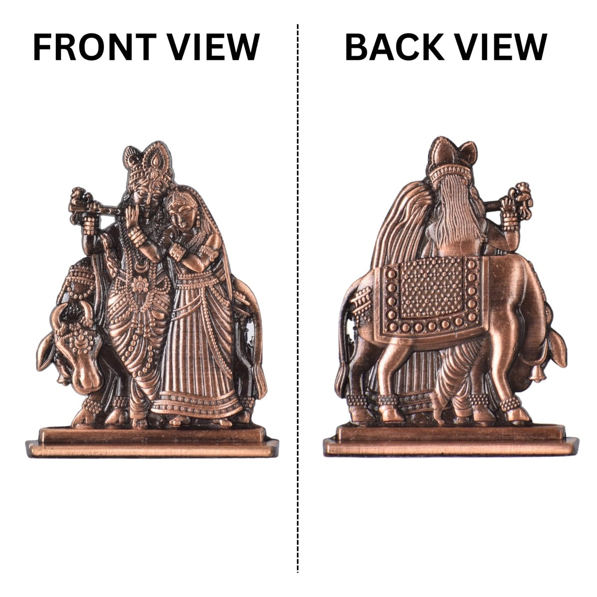 Radha Krishna with Cow in Decorative Frame Idol for Car Dashboard – Copper Finish Spiritual Couple Murti for Mandir & Travel (S926-CPR)