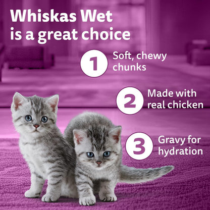 Whiskas Tasty Mix Kitten (2-12 Months) Wet Cat Food, Chicken, Tuna with Sweet Potato in Gravy, 70 g, 100% Complete & Balanced Nutrition for Kittens