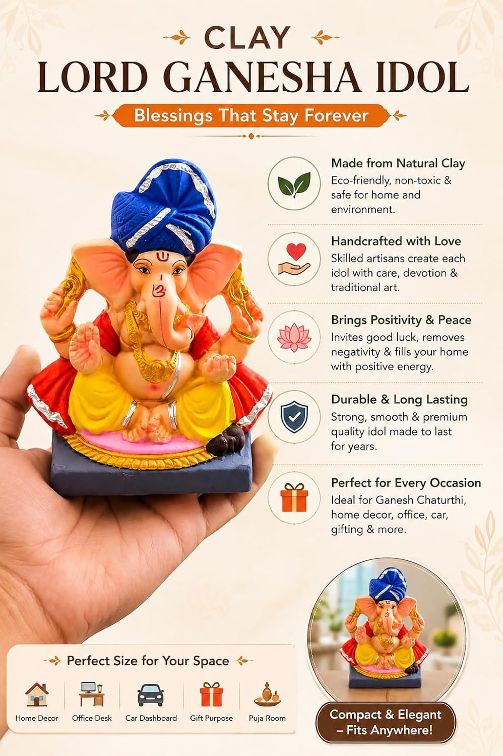 DORAYA EARTH CREATION Clay Ganpati Murti Handmade Eco-Friendly Multicolour Ganesh Idol for Home Temple, Ghar Pooja, Ganesh Chaturthi Decoration, Office Desk & Festive Gift | 6.5 Inch (Blue)