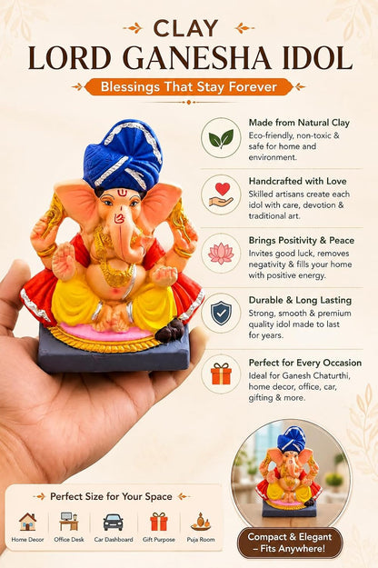 DORAYA EARTH CREATION Clay Ganpati Murti Handmade Eco-Friendly Multicolour Ganesh Idol for Home Temple, Ghar Pooja, Ganesh Chaturthi Decoration, Office Desk & Festive Gift | 6.5 Inch (Blue)