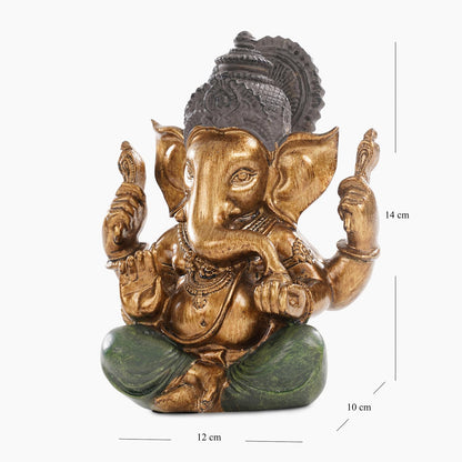 Dark Green Antique Gold Polyresin Sitting Ganesha - Medium Beautiful Lord Ganesha Idol Figurine Showpiece Sculpture Hindu Polyresin Car Dashboard Ganesh Ji Statue (Pack of 1)