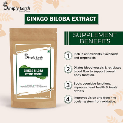 Simply Earth Extra Strength Premium Pure Organic Ginkgo Biloba Powder for Brain Health and Memory Support - in Different Packs (Powder, 100 GM)