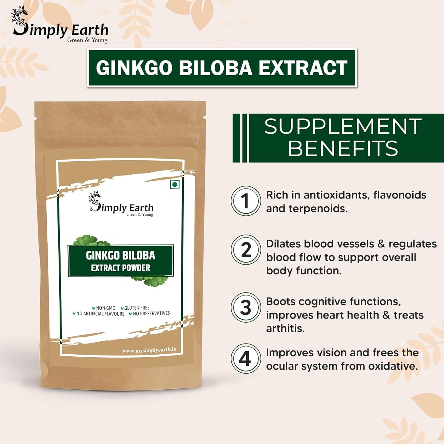 Simply Earth Power & Focus Combo: 50g Pure Tongkat Ali Root Powder (100:1 Extract) + 100g Ginkgo Biloba Powder - Herbal Blend for Stress Tolerance, Brain Health and Strength
