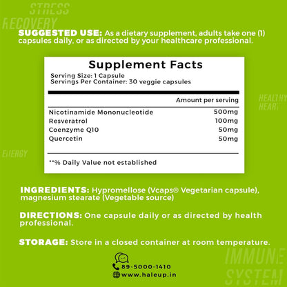 Haleup Usa Nmn 500 Mg 3-In-1 Formula,Enriched With Resveratrol,Quercetin And Coq10|99.9% Pure|Healthy Ageing|Cellular Repair|Boost Nad+|Energy Levels|Skin Health,1 Count,30 Capsules
