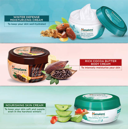 Three containers of Himalaya skin care products with text describing their benefits on a light blue background.