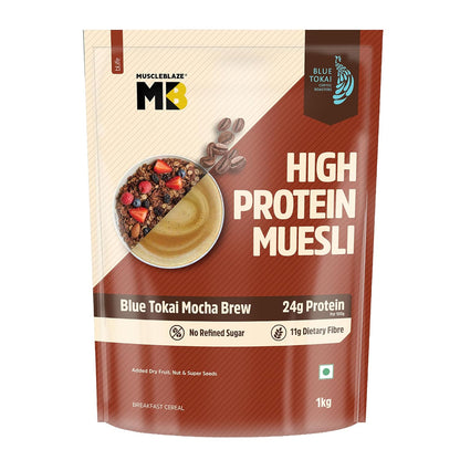 MuscleBlaze High Protein Muesli, Blue Tokai Mocha Brew| 24g Protein | With Raisins, Almonds & Super Seeds, High Protein Breakfast Cereals