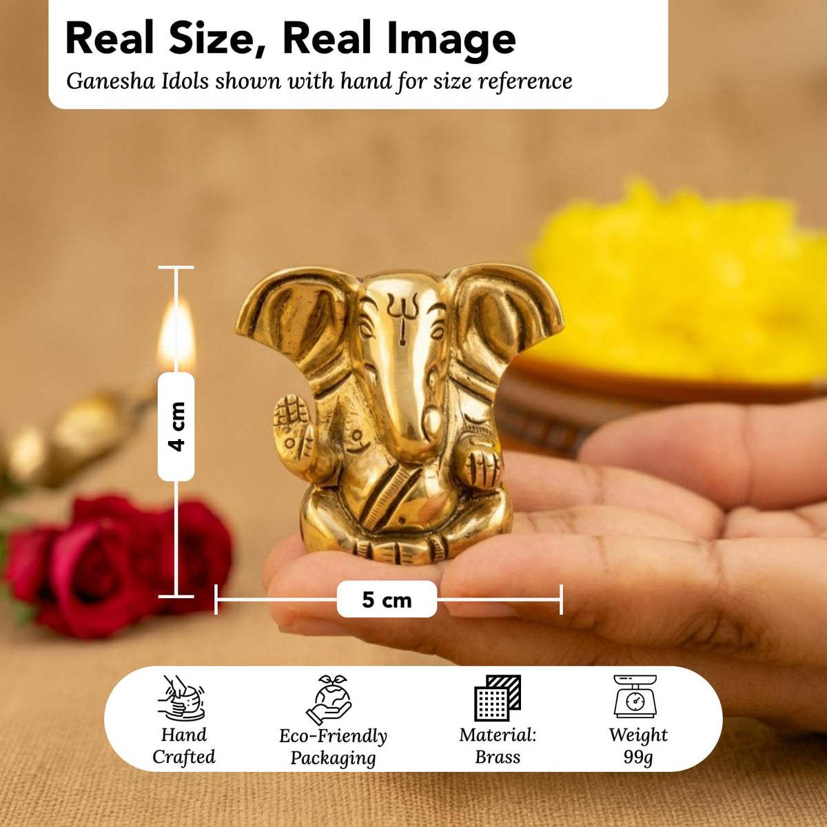 100% Pure Brass Ganesha Idol (Size: 4 cm) | Pital Ganesh Murti for Pooja Room, Home Decor, Office Desk and Car Dashboard | Vinayagar Statue for Diwali Puja