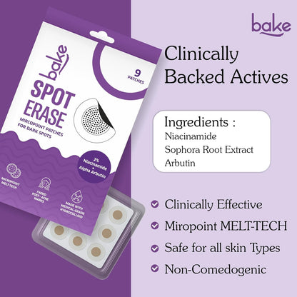 BAKE Micropoint Hydrocolloid Patches for Dark Spots with 2% Niacinamide, Salicylic Acid & Alpha Arbutin | For Acne Marks, Pigmentation, Dark Spots | 176 Melt-Tech Microneedles | Post Acne Breakouts & Dark Spots - 9 Patches