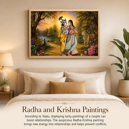 Radha Krishna Garden Vastu Wall Painting for Living Room Bedroom Hall Office Decor, Devotional Peacock Cow Artwork, Premium Wooden Synthetic Frame (13.5 x 19.5 Inch) NM01-V-166