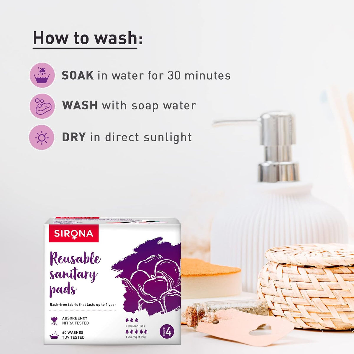 Sirona reusable sanitary pads packaging with washing instructions on a blurred background