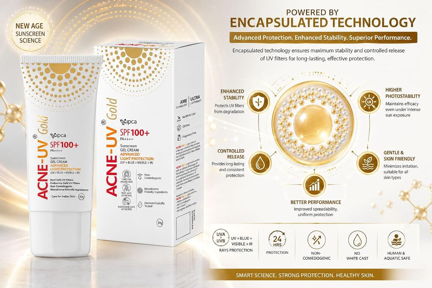 Ipca ACNE-UV GOLD Sunscreen SPF 100+ PA++++ | 30g Oil Free, Non Comedogenic Silicone Gel Sunscreen | UVA/UVB Protection | Water Resistant | No White Cast | Suitable for All Skin Types