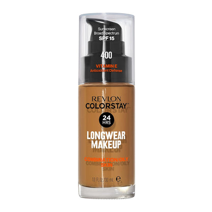 Revlon Liquid Foundation, ColorStay Face Makeup for Combination & Oily Skin, SPF 15, Medium-Full Coverage with Matte Finish, 400 Caramel, 1 Fl Oz