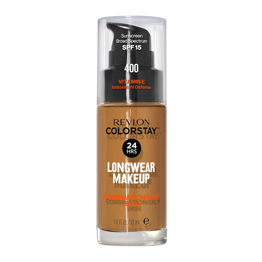 Revlon Liquid Foundation, ColorStay Face Makeup for Combination & Oily Skin, SPF 15, Medium-Full Coverage with Matte Finish, 400 Caramel, 1 Fl Oz