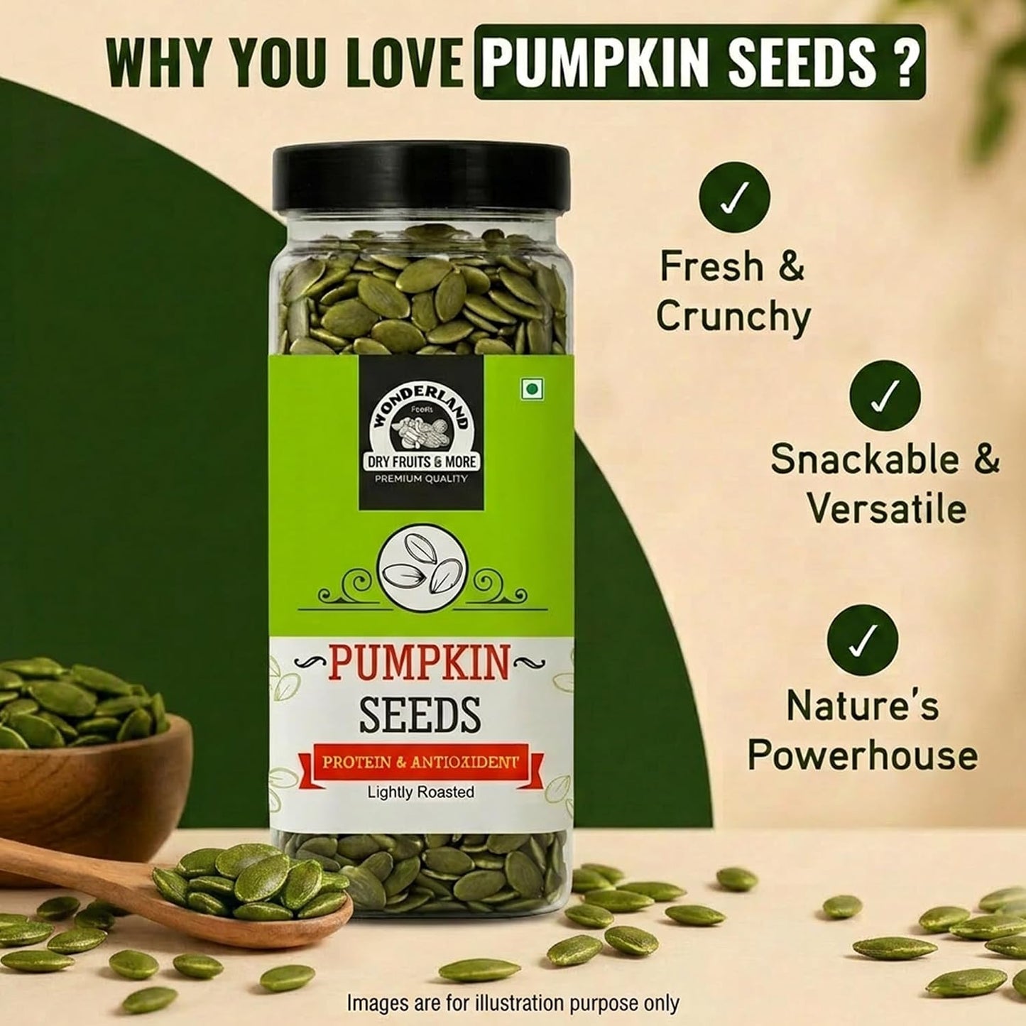 Wonderland Foods 200g Roasted Pumpkin Seeds (Kaddu Seeds) Jar | Premium Nutrient-Rich Snack, Crafted for Wellness & Vitality | Full of Protein, Antioxidants, & Fibre