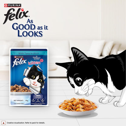 Purina Felix Tuna in Jelly, Wet Food for Adult Cats, 85g Pouch | With Tuna in Jelly, Tasty Meaty Chunks, 100% Complete & Balanced Nutrition, Vitamins D & E, Omega 6, Essential Minerals