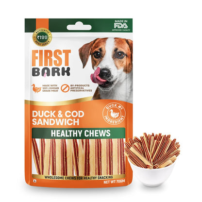 First Bark Dog Treats for Adult Dog & Puppy – Healthy Chews Duck & Cod Fish Jerky for Dogs, Small Dogs & Shih Tzu | Dog Snacks & Puppy Treats – Duck & Cod Sandwich (70g) x1