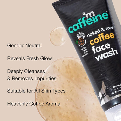 Tube of 'm caffeine naked & raw coffee face wash' with product details on a beige background