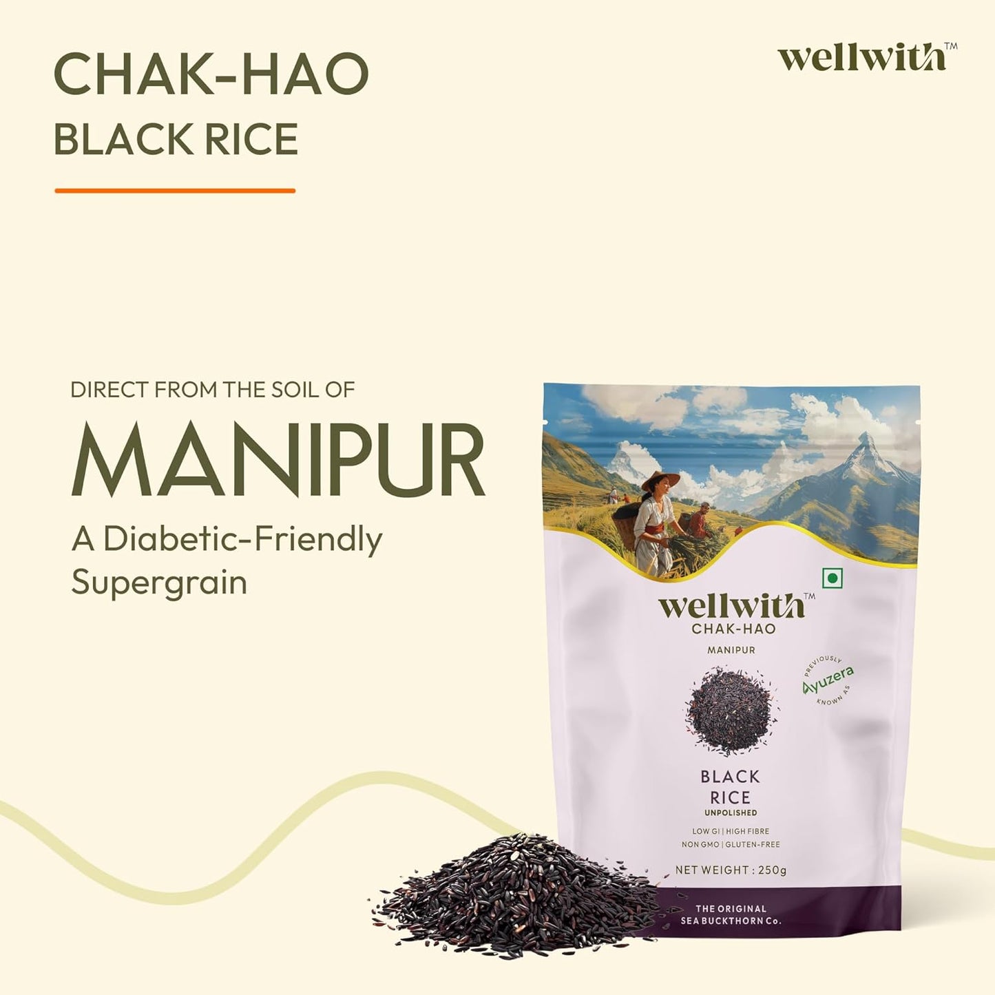 Wellwith by Ayuzera Black Rice Gluten Free | Chak Hao | Organic Karuppu Kavuni |100% Natural & Organic | Forbidden Manipuri Rice (250 gram)