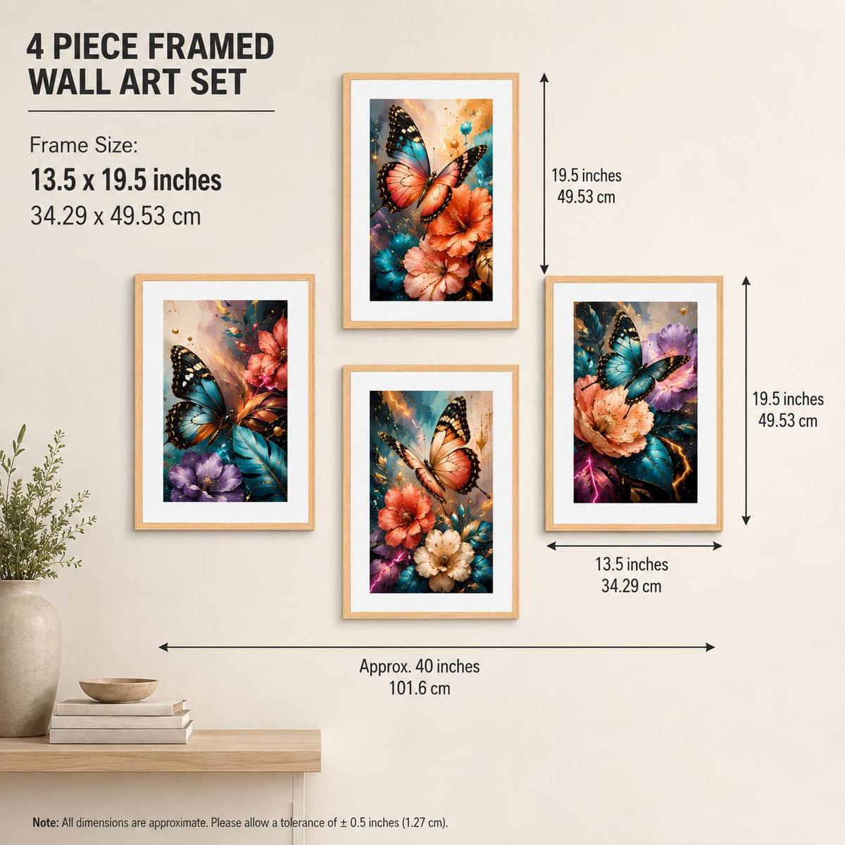 Set of 4 Butterfly Floral Wall Paintings with Sparkle Laminate and Premium Wooden Synthetic Frame for Living Room Bedroom Office Decor (13.5 x 19.5 Inch)