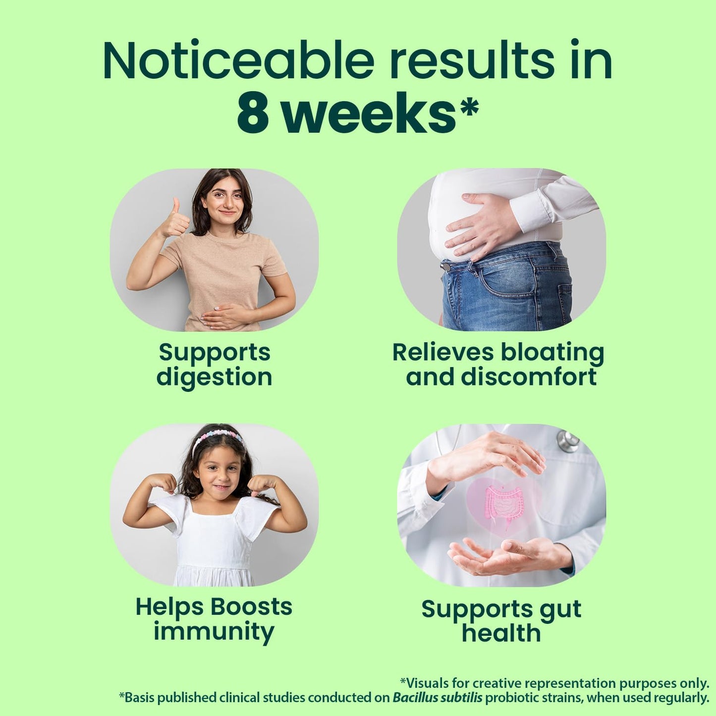 Promotional graphic with text about health benefits and a woman, child, and person holding a bottle on a green background.