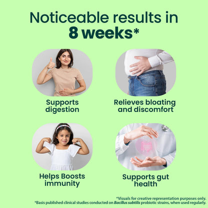 Promotional graphic with text about health benefits and a woman, child, and person holding a bottle on a green background.