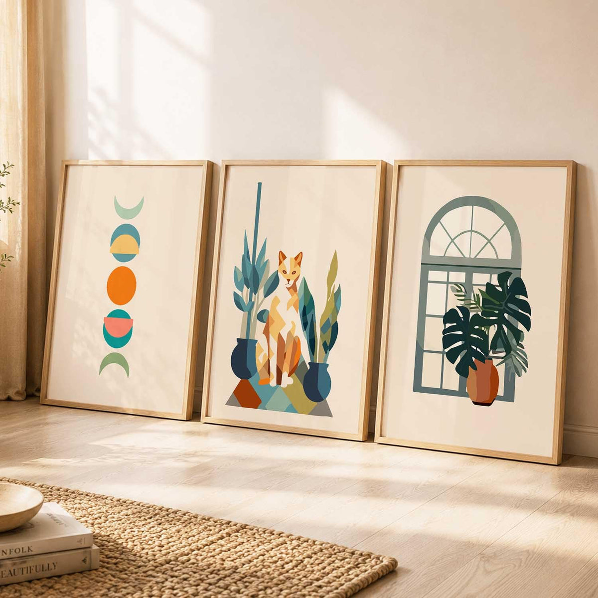 Boho Painting Wall Art Home Decoration Paintings With Frame For Living Room Bed Room Hotel Wall Decor Digital Reprint Set of 3 (13X17 inch)