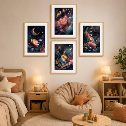 Set of 4 Celestial Moon Lotus Floral Wall Paintings with Sparkle Laminate and Premium Wooden Synthetic Frame for Living Room Bedroom Office Decor (13.5 x 19.5 Inch)