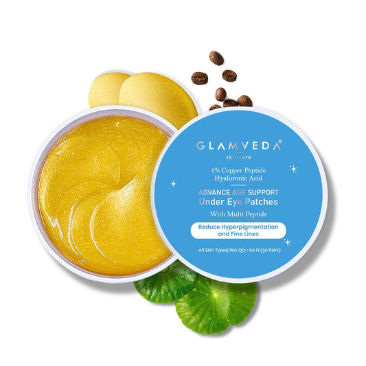 Glamveda Advanced Age Support Under Eye Patches For Dark Circles & Wrinkles & Removal of Fine Lines | 1% Copper Peptide & Hyaluronic Acid Puffy Eye Care Routine | For Women & Men 60Pcs (30 Pairs)