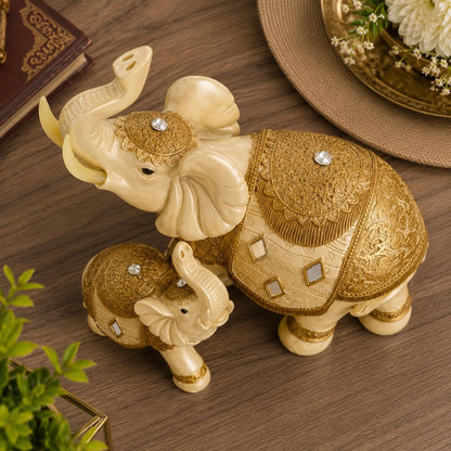 Decorative Elephant Showpiece for Home Décor | Resin Lucky Elephant Statue with Mother & Baby Design | Tabletop Feng Shui Good Luck Idol (White Elephant Family)
