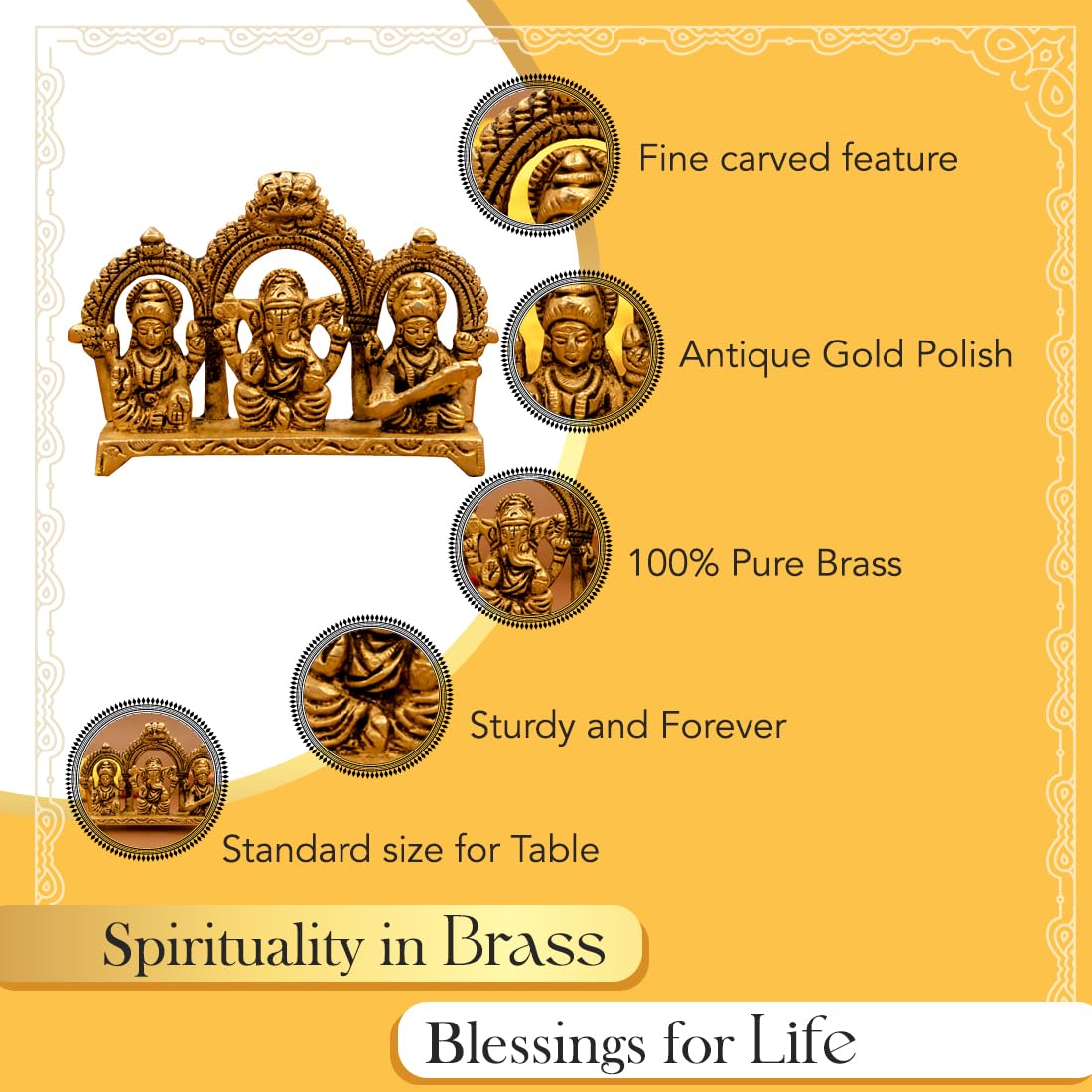 100% Pure Brass Laxmi Ganesh Saraswati Murti (Size: 8.0 cm) | Lord Ganpati Lakshmi Saraswati Maa Idol for Diwali Puja | God Idols for Pooja Room or Griha Pravesh Ceremony