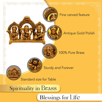 100% Pure Brass Laxmi Ganesh Saraswati Murti (Size: 8.0 cm) | Lord Ganpati Lakshmi Saraswati Maa Idol for Diwali Puja | God Idols for Pooja Room or Griha Pravesh Ceremony