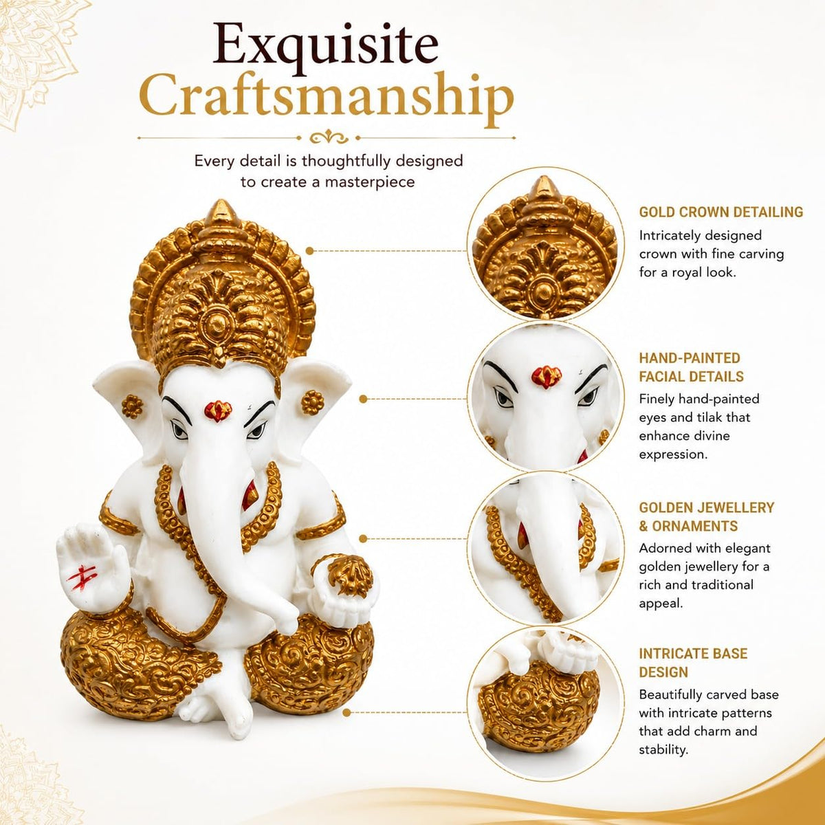 White & Gold Ganesha Idol for Home Decor, Ganpati Bappa Murti for Puja Room, Lord Ganesh Statue for Car Dashboard & Office Desk, Decorative Hindu God Showpiece, 3.3 Inch