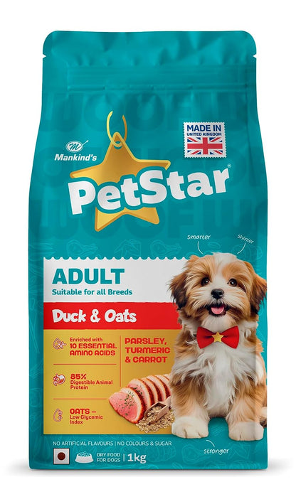 Petstar Adult Dry Dog Food 1 kg, Duck & Oats, High Protein, Easy Digestion, Immunity Support, No Artificial Flavours or Added Sugar