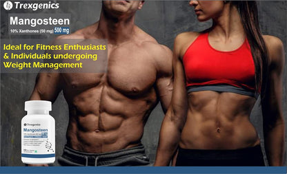 Two muscular individuals with a Trexegenics Mangosteen supplement bottle.