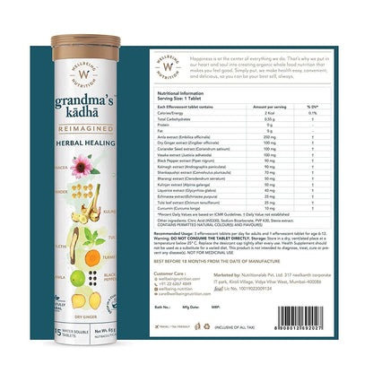 Wellbeing Nutrition Grandma's Kadha - Ayush Kwath Immunity Booster | Ayurvedic Kadha for Immunity, Cold, Cough, Sore Throat & Congestion | Immunity Boosters for Adults (15 Effervescent Tablets)
