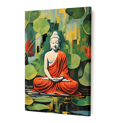Buddha Painting for Living Room, Buddha Lotus Leaves Painting for living room, Bedroom, office and Meditation Room, Canvas, 16x22 Inch