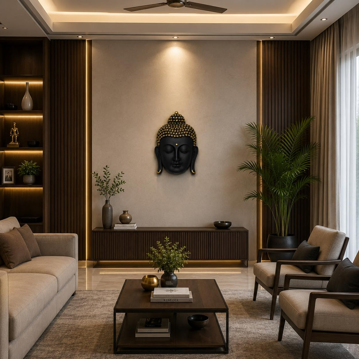Black & Gold Buddha Face Wall Hanging Statue for Home Decor, Premium Resin Meditation Buddha Wall Art for Living Room, Office, Temple, Yoga Room & Spiritual Decoration