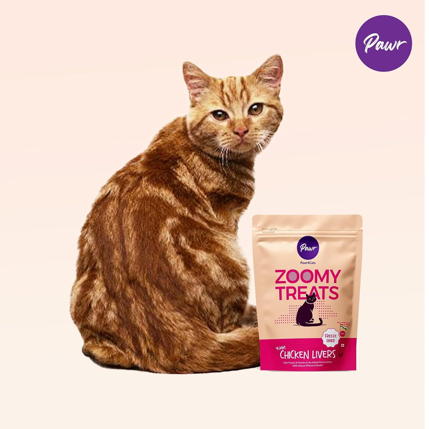 Pawr4Cats | Chicken Livers Zoomy Treats | Freeze-Dried | Rich in Iron & Vitamin-A, Vitamin B12 | No Preservative | Use as Treat or Food Topper | 45 GMS