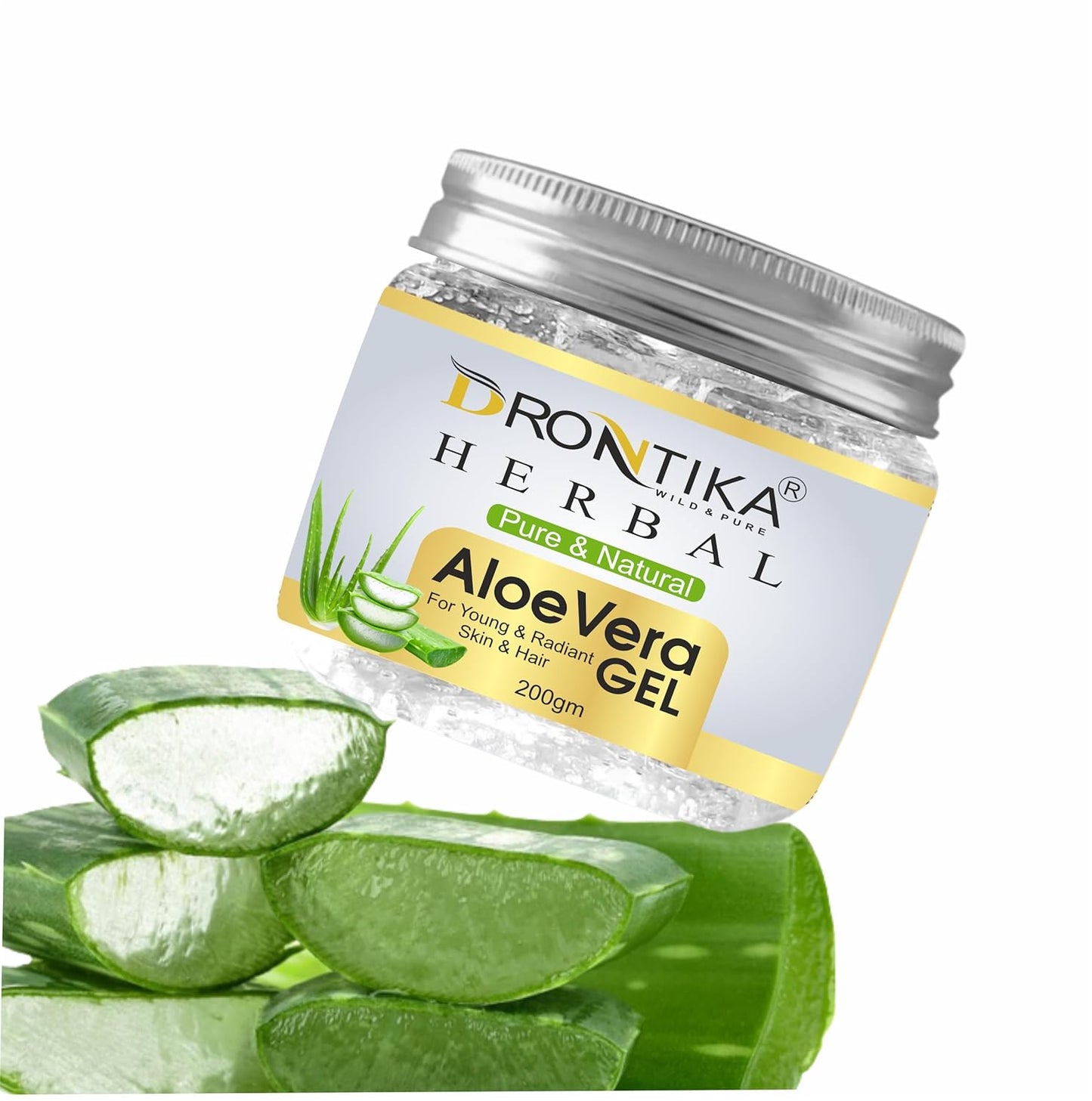 Drontika Herbal Aloe Vera Gel jar with aloe vera slices on a white background
