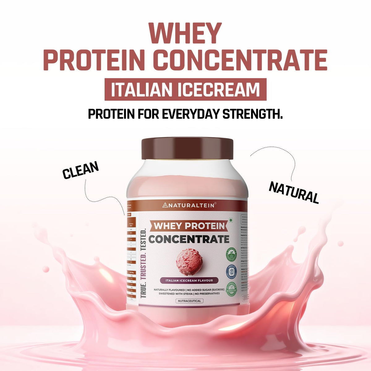 Whey protein concentrate container with pink ice cream swirls and 'Italian Icecream' flavor text on a white background.