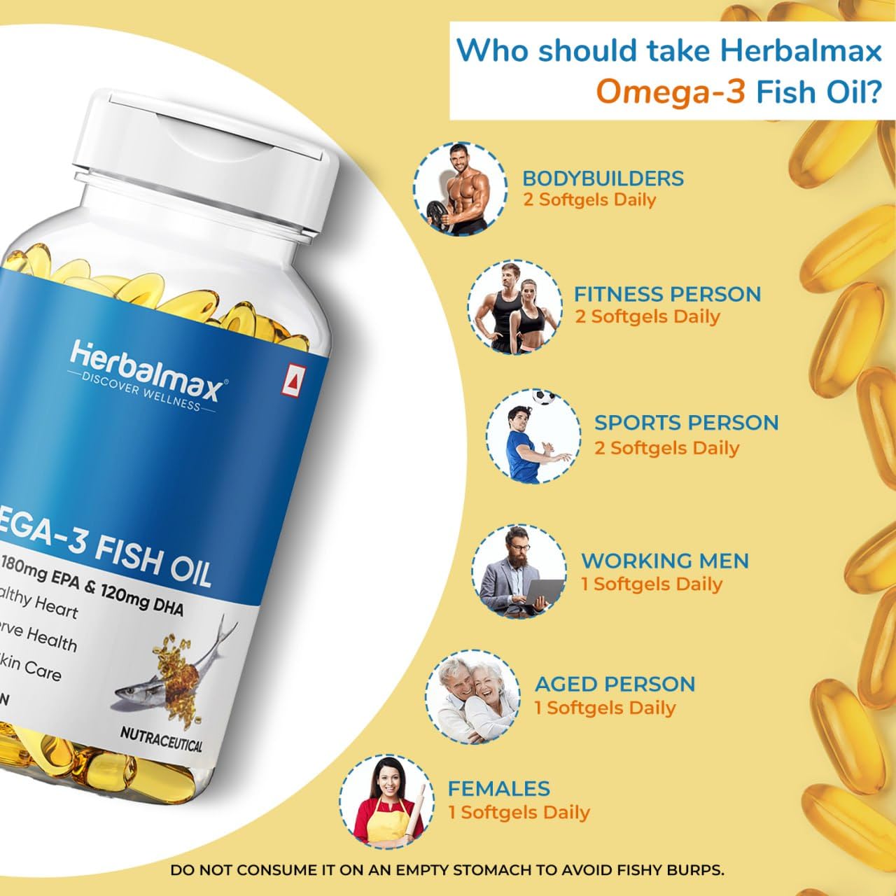 Herbalmax Omega-3 Fish Oil Capsules 1000mg (60 Capsules) | 180mg EPA & 120mg DHA | Supports Heart, Brain, Joint & Eye Health | For Men & Women | Promotes Cardiovascular Wellness