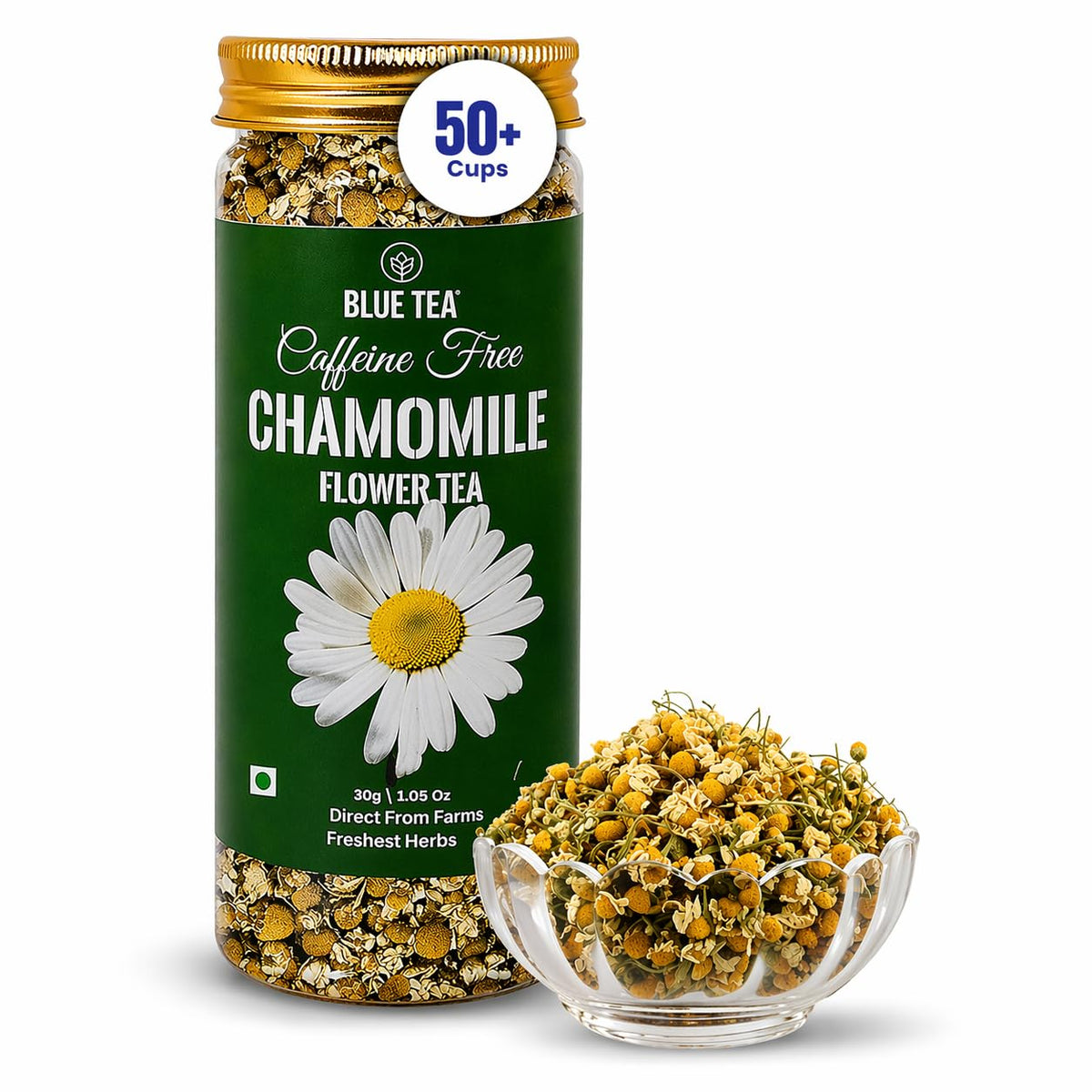 BLUE TEA - Chamomile Tea - 50+ Cups | SLEEP & RELAXATION | Herbal Tea - Caffeine Free - Flower Based - Non-Bitter | Reusable Pet Jar
