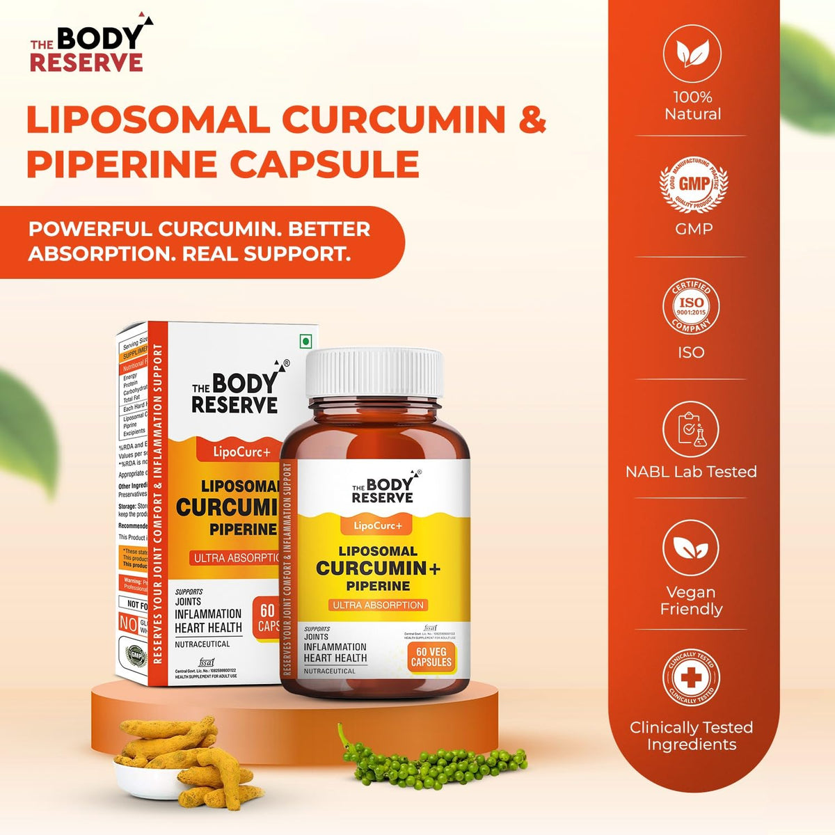 The Body Reserve Liposomal Curcumin & Piperine Capsule packaging with product and box on a light background.